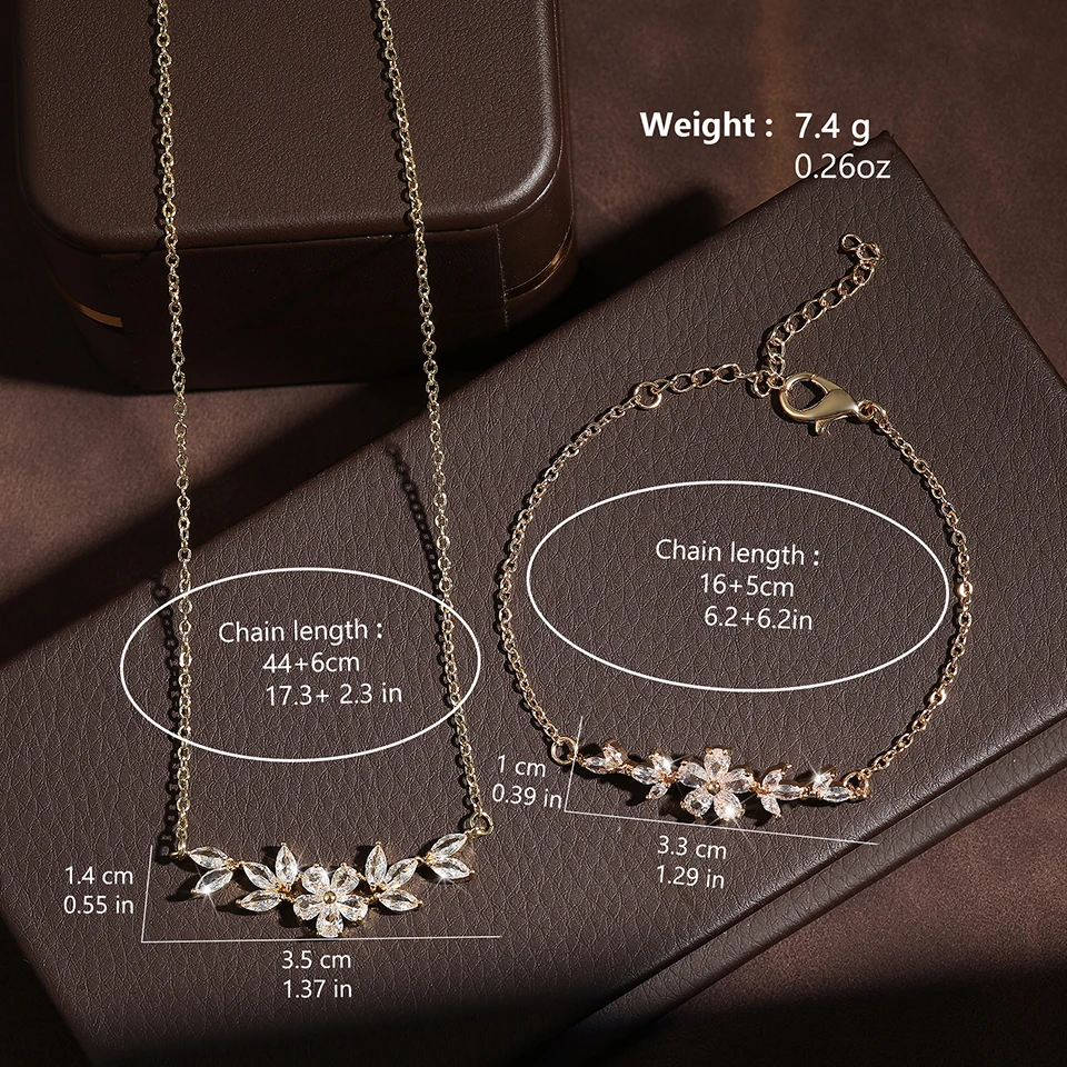 Shiny Zircon Flower Necklace & Bracelet Set ·Gold Color Charm Choker for Women, Bridal Wedding Jewelry Gift