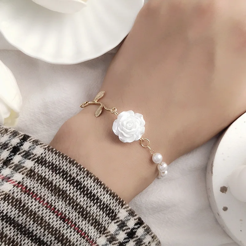 Korean Style Red Rose Imitation Pearl Bracelet for Women ·Luxury Zircon Flower & Butterfly Adjustable Cuff Wedding Jewelry