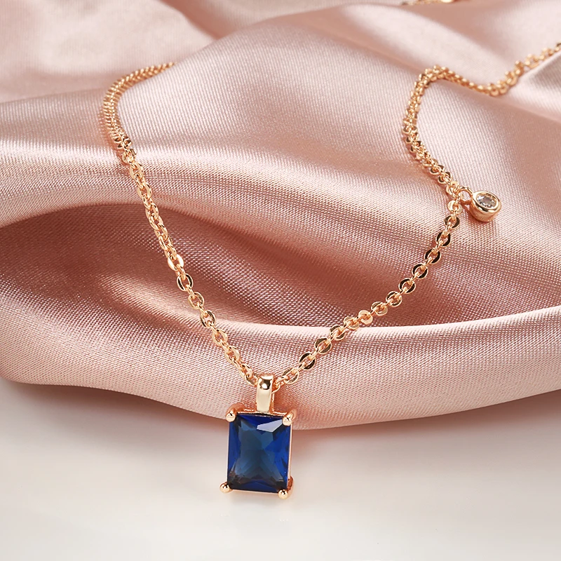 Kinel Hot Square Blue Stone Pendant Necklace for Women ·Trendy 585 Rose Gold Color with Natural Zircon