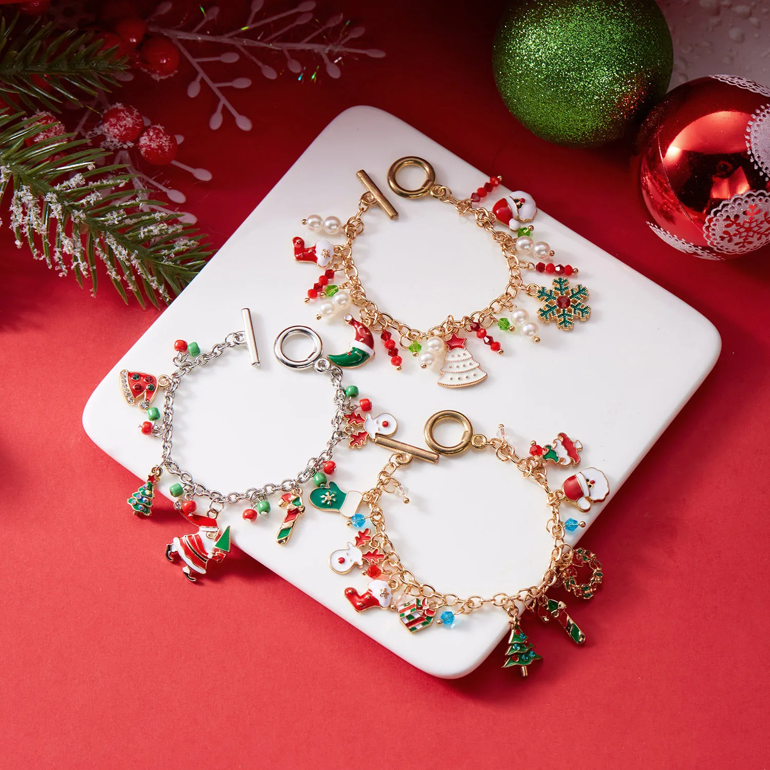 Cute Christmas Series Santa Claus, Tree & Elk Pendant Bracelet ·Handmade OT Chain for Women, Thanksgiving & Xmas Party Jewelry Gift