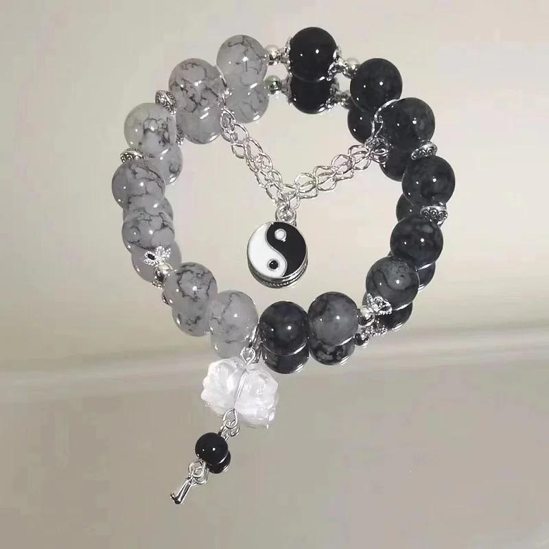 Chinese Style Black Ice Cracking Beaded Bracelet ·Punk Hip Hop Adjustable Handmade Couple Charms Bracelet for Men & Women