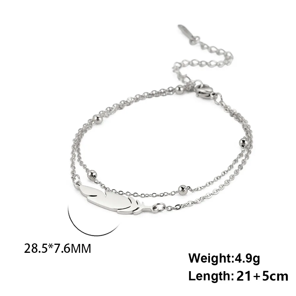 Feather Pendant Anklet for Women ·Double Layer Bead Foot Chain Stainless Steel Fashion Jewelry