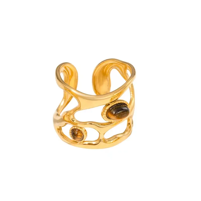 Creative Gold Plated Stainless Steel Ring ·Geometric Round Natural Stone Ring for Women