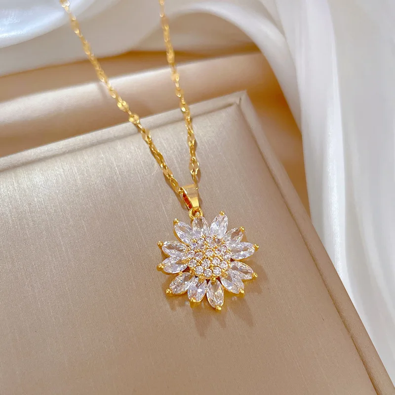 DIEYURO 316L Stainless Steel Zircon Flower Pendant Necklace ·Luxury Clavicle Chain Jewelry for Women & Girls