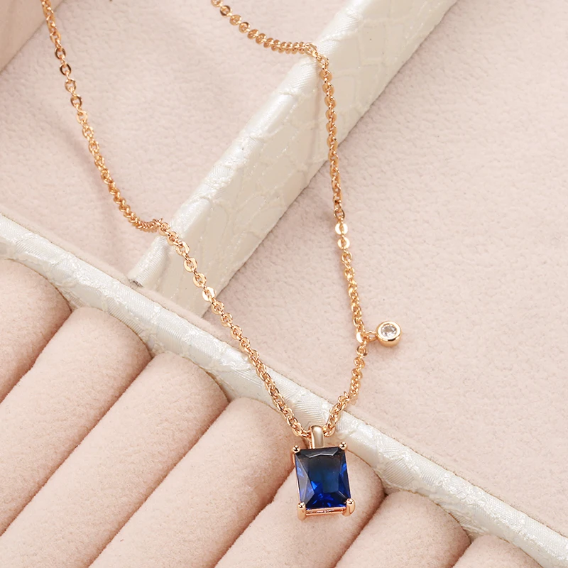 Kinel Hot Square Blue Stone Pendant Necklace for Women ·Trendy 585 Rose Gold Color with Natural Zircon