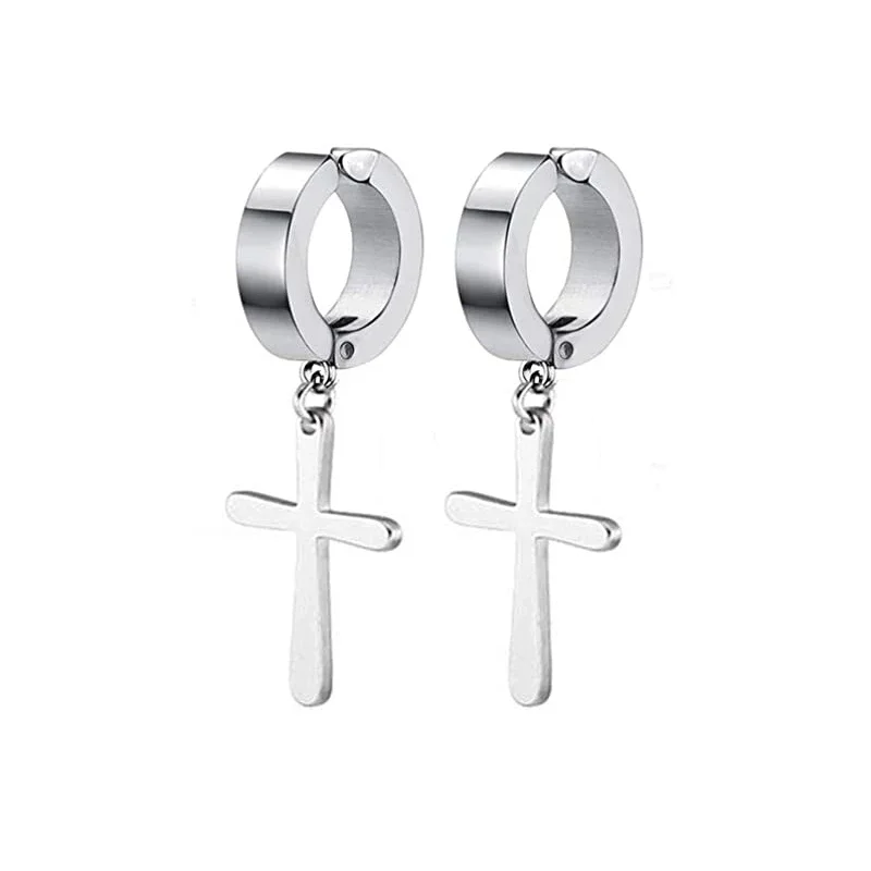 1 Pair Magnetic Ear Clip Set ·Stainless Steel Cross Ring Non-Perforated Fake Gauge Earrings for Men & Women ·Trendy Jewelry Gift