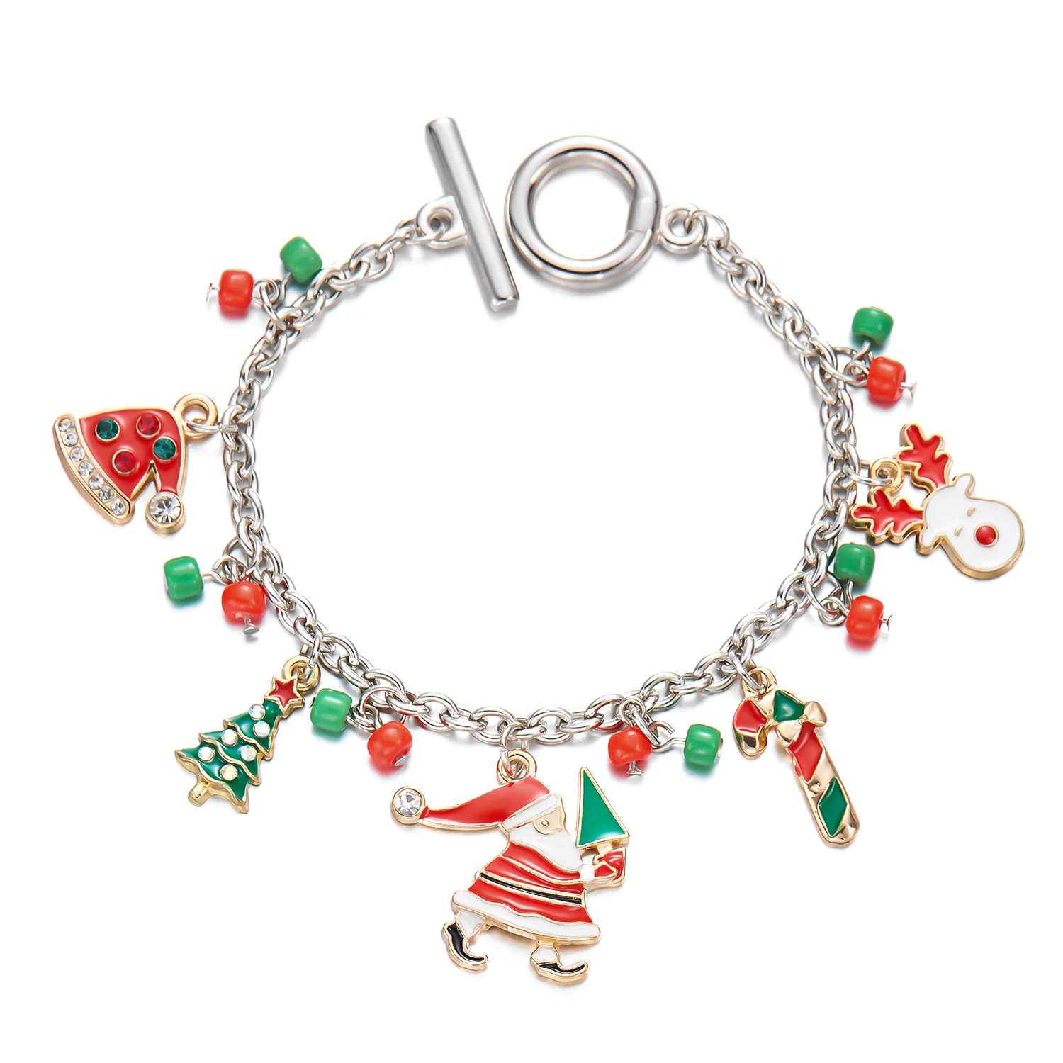 Cute Christmas Series Santa Claus, Tree & Elk Pendant Bracelet ·Handmade OT Chain for Women, Thanksgiving & Xmas Party Jewelry Gift