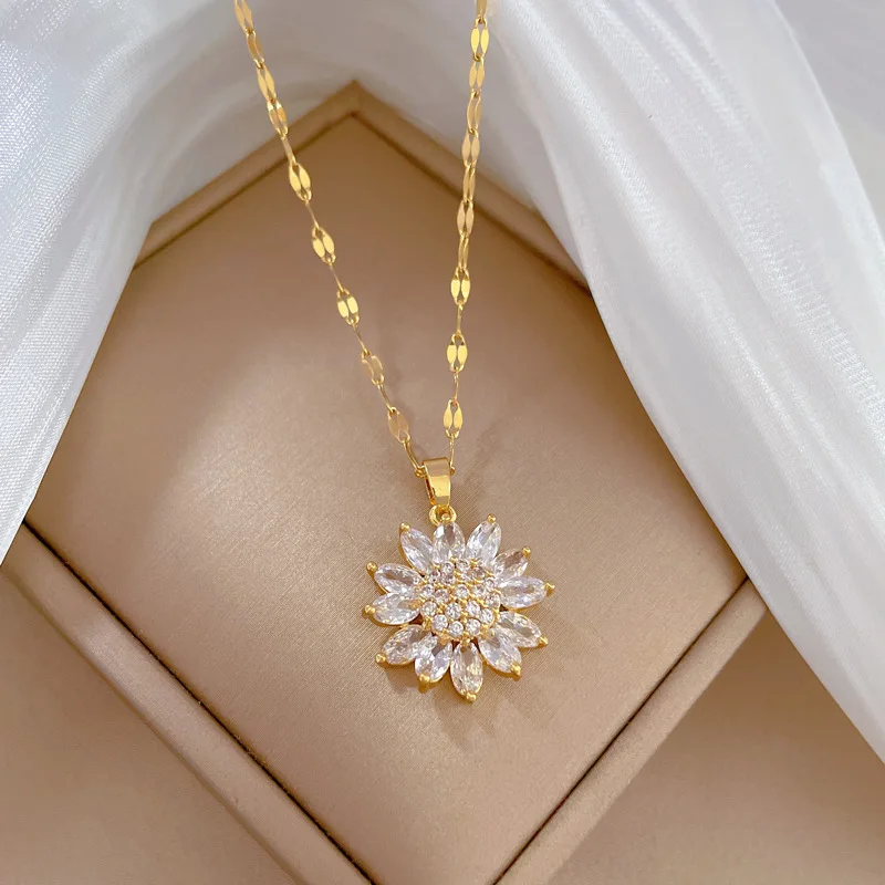 DIEYURO 316L Stainless Steel Zircon Flower Pendant Necklace ·Luxury Clavicle Chain Jewelry for Women & Girls