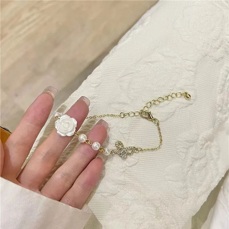 Korean Style Red Rose Imitation Pearl Bracelet for Women ·Luxury Zircon Flower & Butterfly Adjustable Cuff Wedding Jewelry