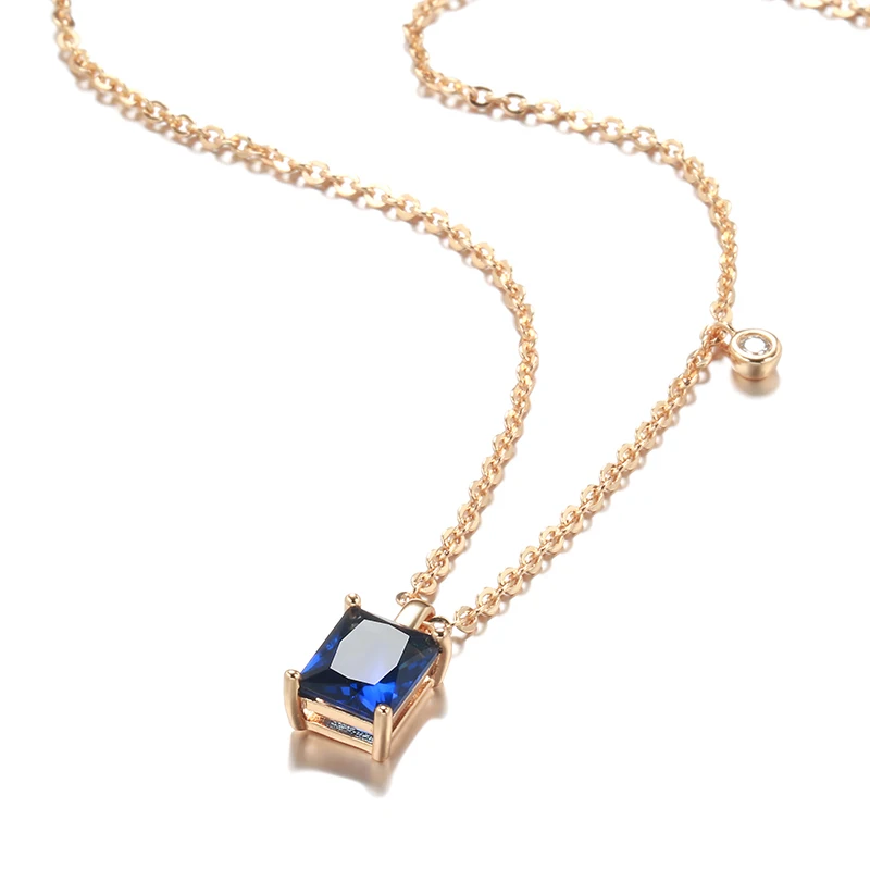 Kinel Hot Square Blue Stone Pendant Necklace for Women ·Trendy 585 Rose Gold Color with Natural Zircon