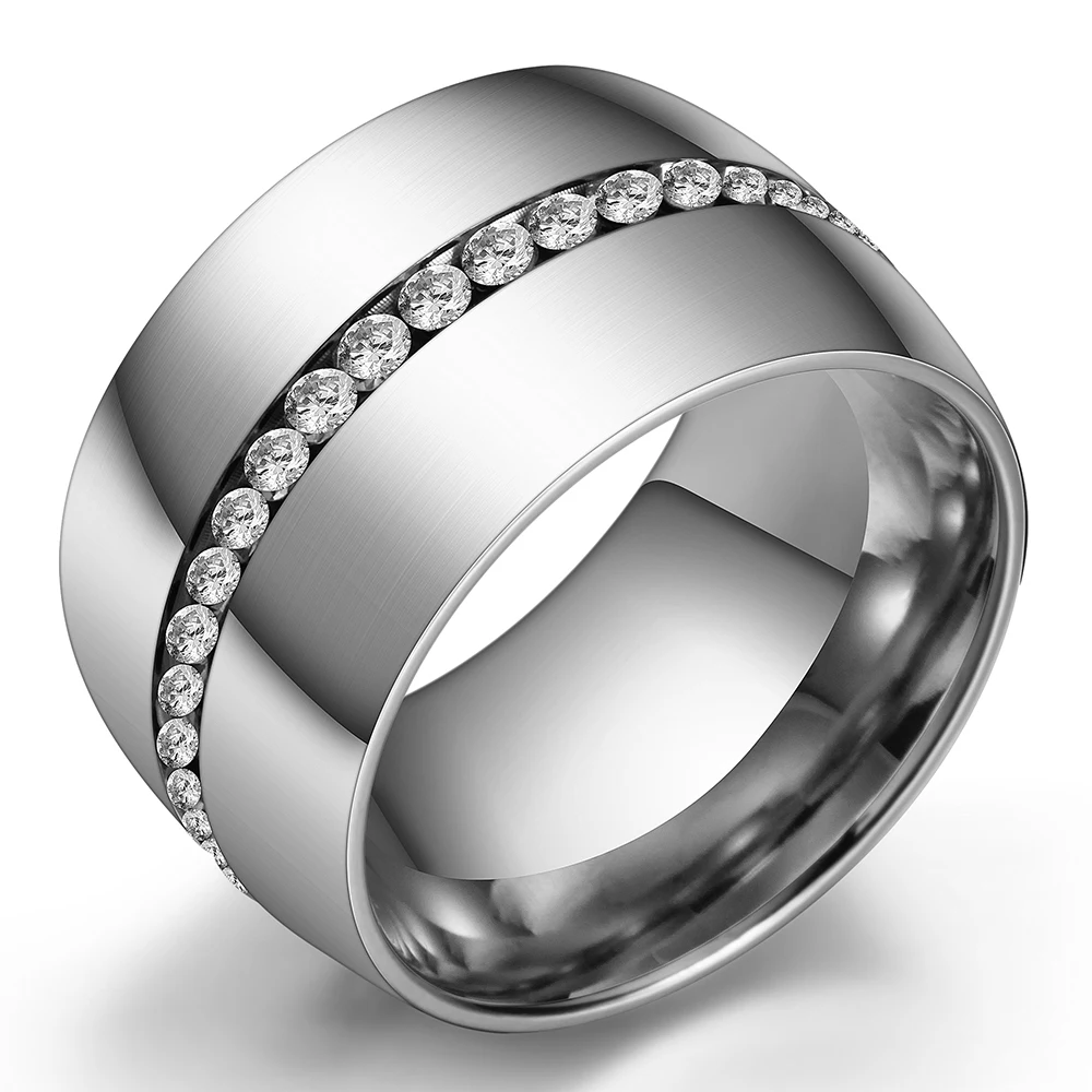 Bold 14mm Wide Silver Stainless Steel Ring with Crystals for Women