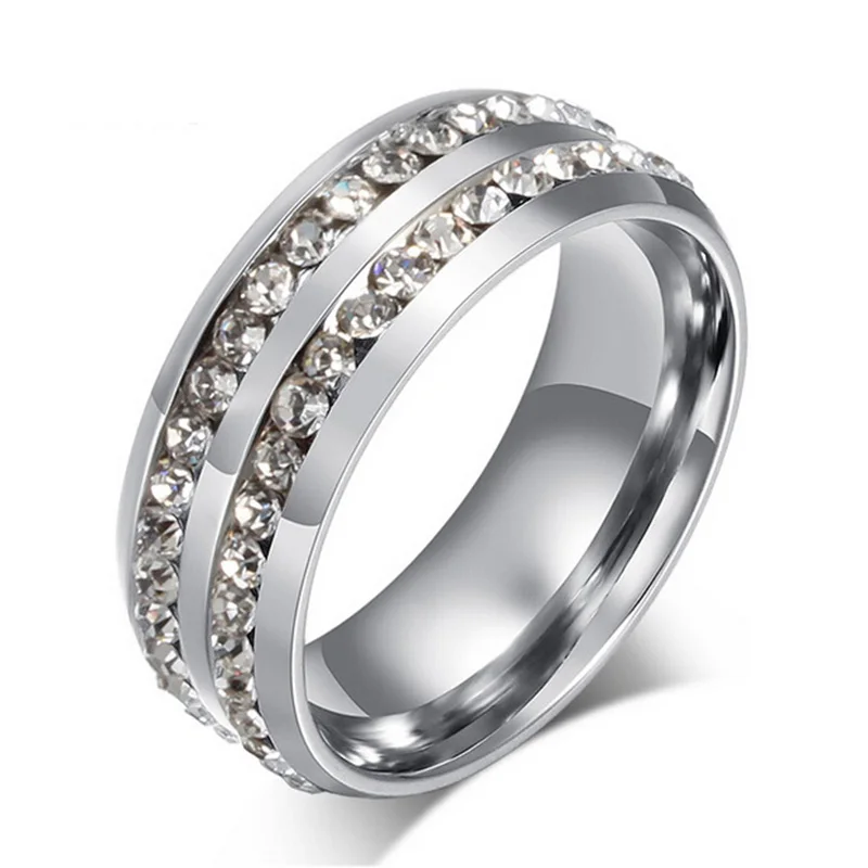 Bold 14mm Wide Silver Stainless Steel Ring with Crystals for Women