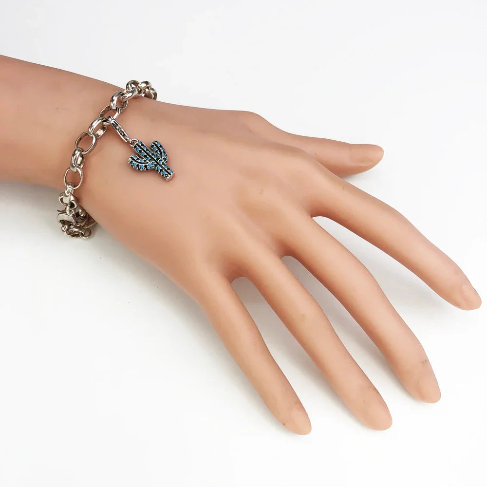 Blue Cactus Charm Fine Jewelry - Trendy Women? Gift, 925 Sterling Silver, Europe Club Collection