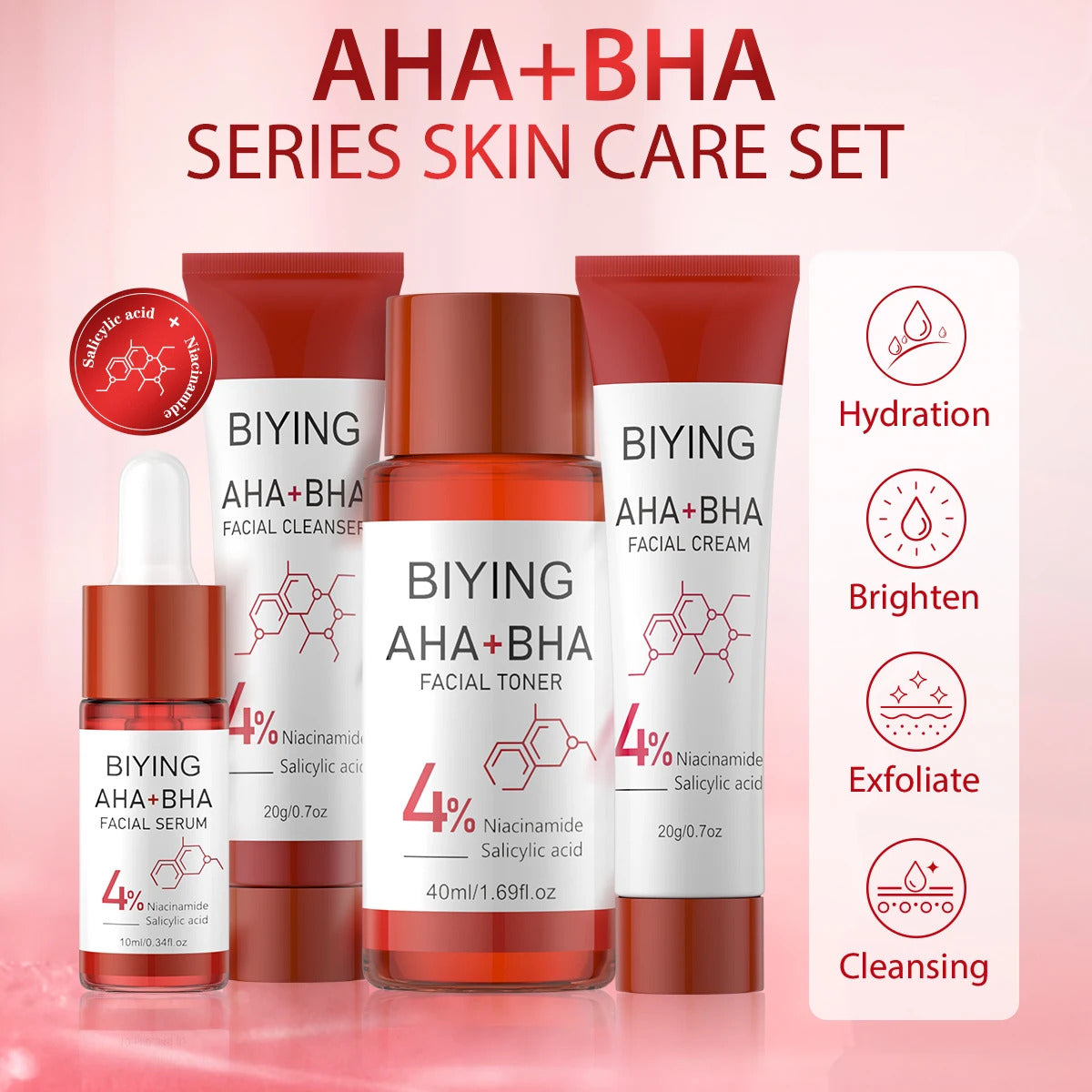 AHA+BHA Series Skin Care Set ·4-Piece Facial Toner, Serum, Cream & Foam Cleanser ·Korean Beauty Essentials for Radiant, Clear Skin