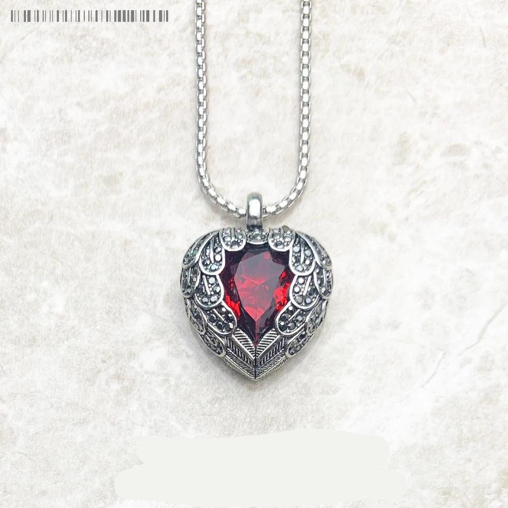 Red Winged Heart Pendant Necklace - 925 Sterling Silver, Link Chain Fashion Jewelry