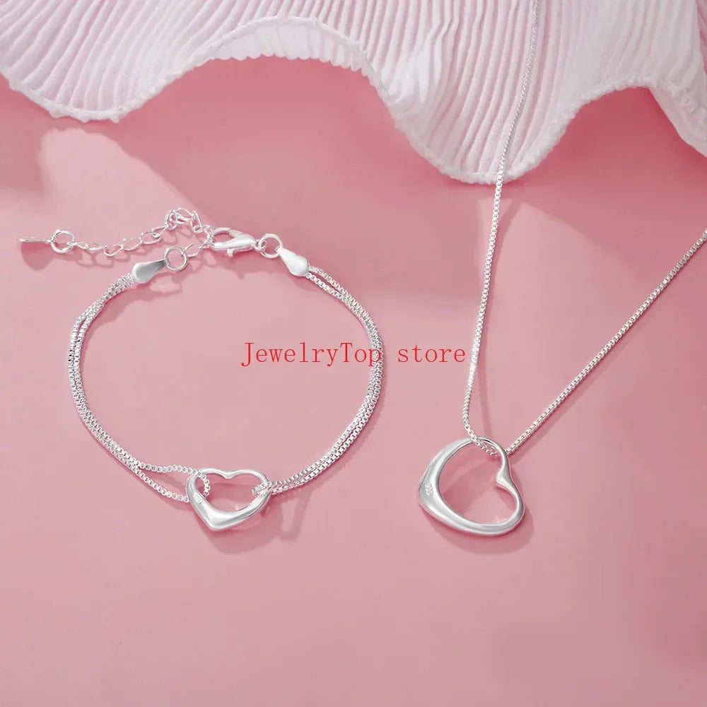 Fine 925 Sterling Silver Heart Bracelets & Necklaces for Women ·Fashion Designer Wedding & Engagement Sets, Christmas Gift, Wholesale