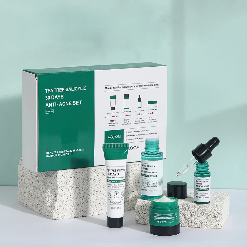 Tea Tree & Salicylic Skincare Kit ·Facial Cleanser, Toner, Serum, Hyaluronic Acid Cream ·Acne Treatment, Pore Control & Hydration ·Face Care Gift Set