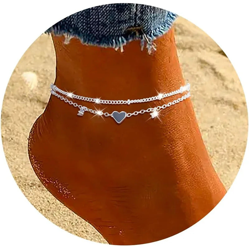 925 Silver Plated CZ Anklet Bracelet Set for Women ·Trendy Heart Charm Layered Chain Anklets