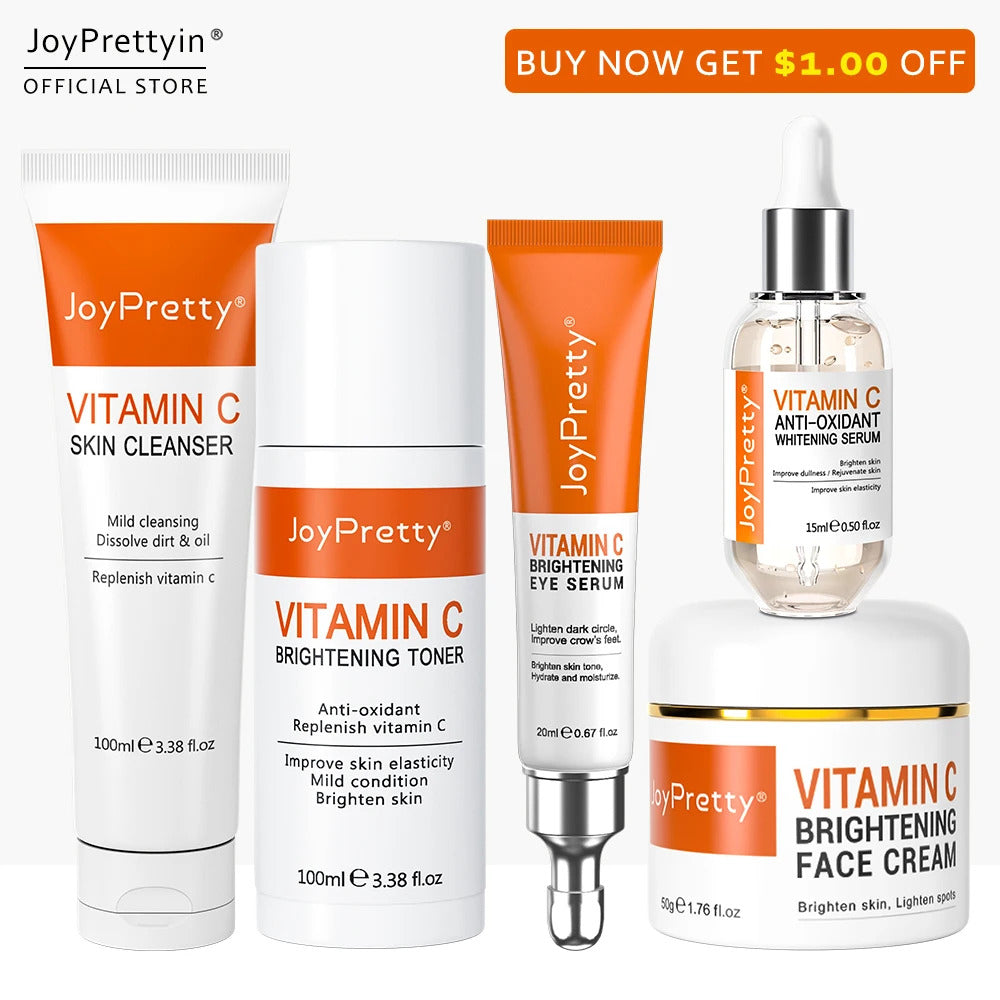 JoyPretty Vitamin C Skin Care Set ·Whitening Cream, Dark Spots Serum, Gentle Cleansing, Deep Moisturizing, Pore Shrinking Skincare