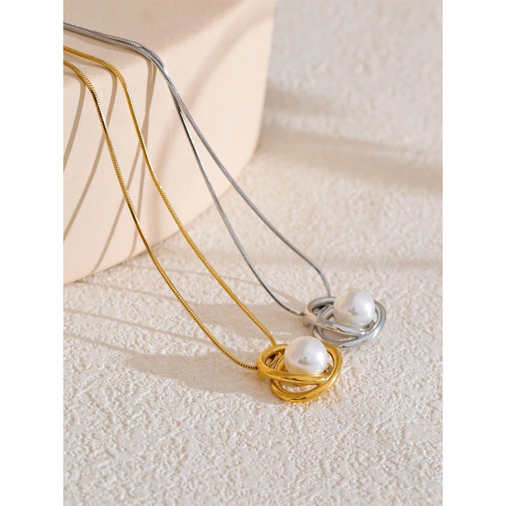 Korean Style Simulated Pearls Geometric Winding Pendant Necklace ·Trendy Fashion Jewelry for Women, Daily Wear Accessories