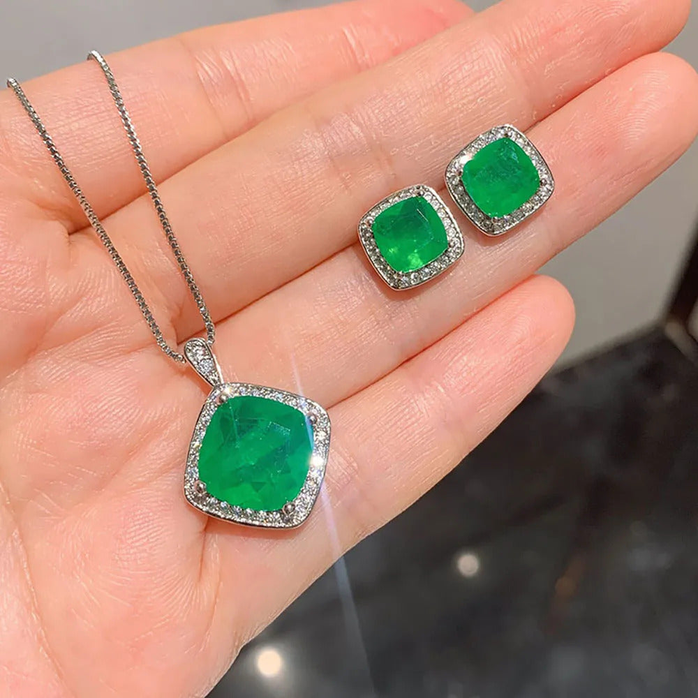 2021 Trend Created Emerald Gemstone Stud Earrings & Pendant Necklace Set ·Lab Diamond Wedding Jewelry for Women