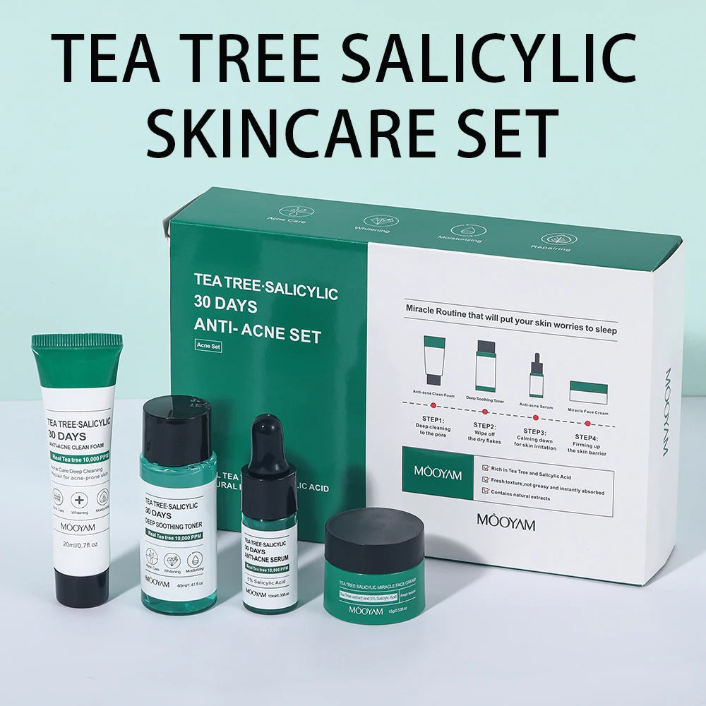 Tea Tree & Salicylic Skincare Kit ·Facial Cleanser, Toner, Serum, Hyaluronic Acid Cream ·Acne Treatment, Pore Control & Hydration ·Face Care Gift Set