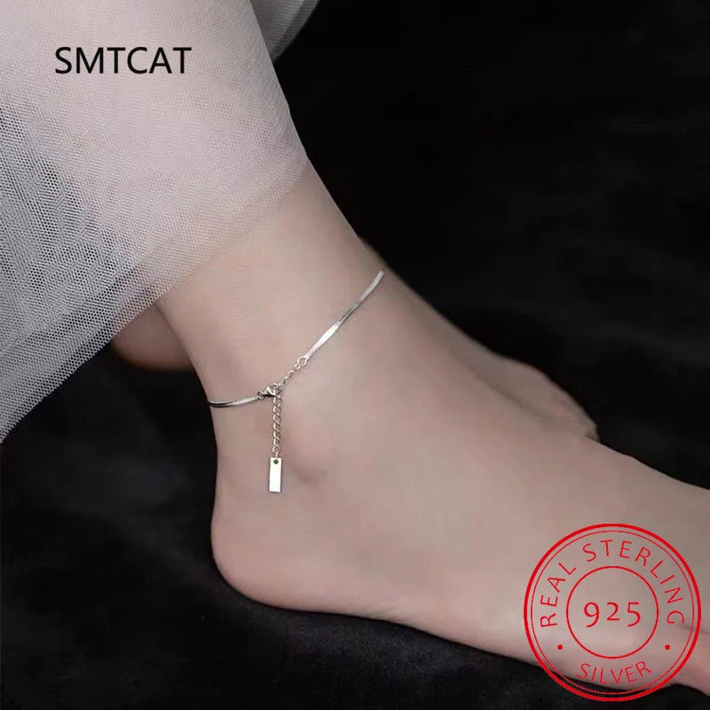 925 Sterling Silver Minimalist Glossy Snake Bone Anklet for Women ·Summer Beach Charm Party Jewelry