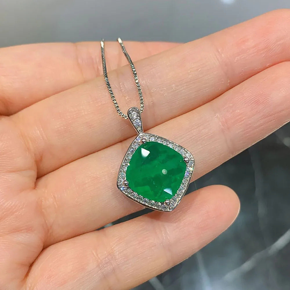 2021 Trend Created Emerald Gemstone Stud Earrings & Pendant Necklace Set ·Lab Diamond Wedding Jewelry for Women