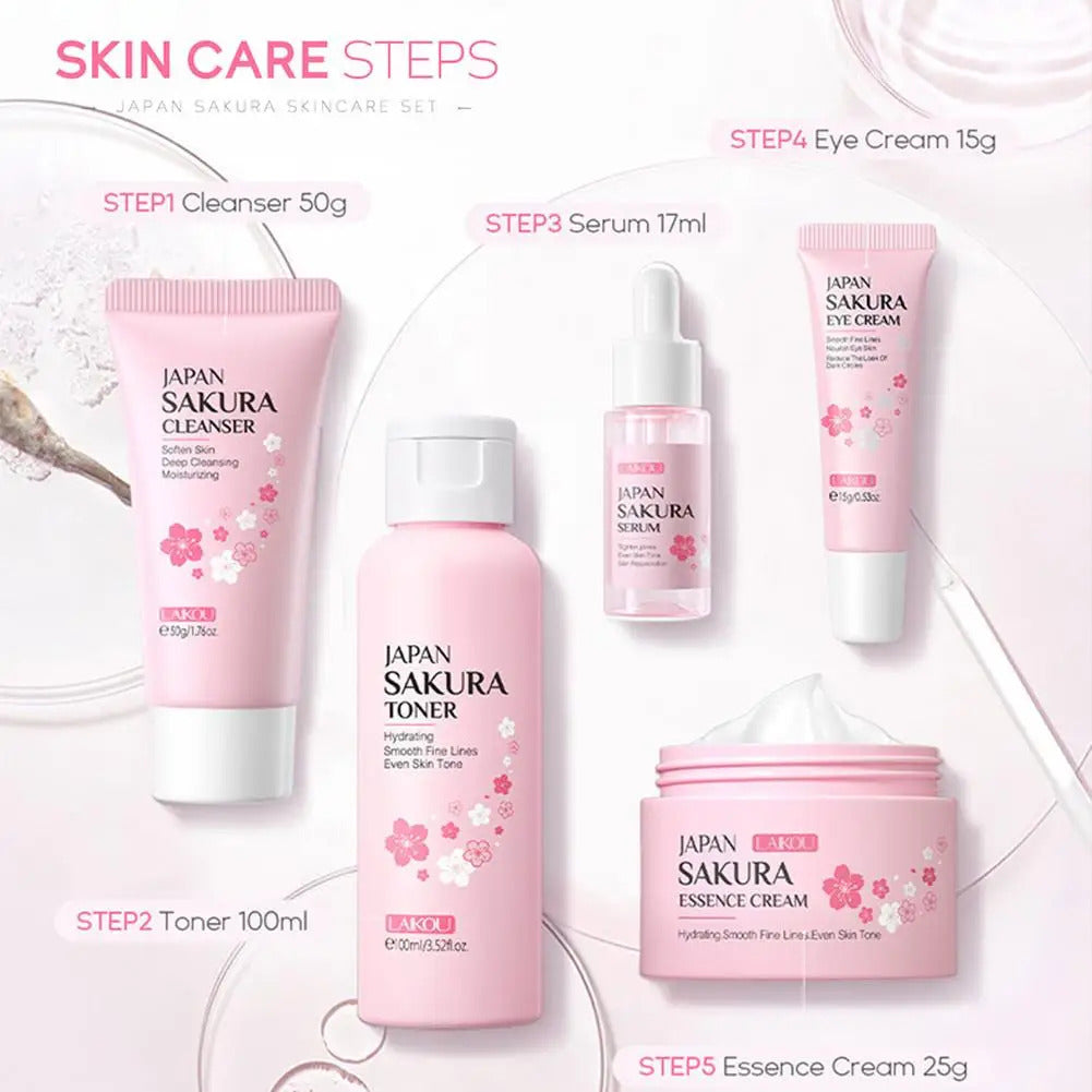 5/6-Piece Sakura Skin Care Set ·Face Cream, Serum, Toner, Facial Cleanser, Sunscreen & Eye Cream ·Complete Skincare Routine for Radiant Skin