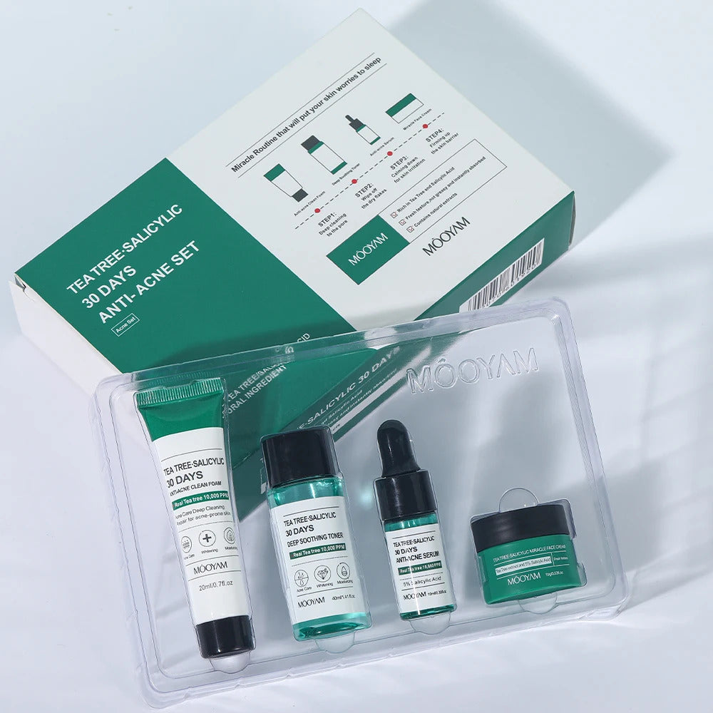 Tea Tree & Salicylic Skincare Kit ·Facial Cleanser, Toner, Serum, Hyaluronic Acid Cream ·Acne Treatment, Pore Control & Hydration ·Face Care Gift Set