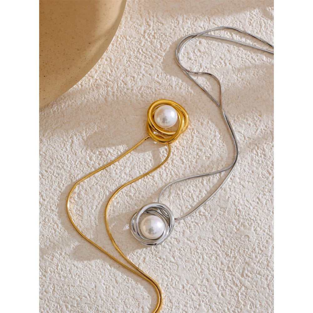 Korean Style Simulated Pearls Geometric Winding Pendant Necklace ·Trendy Fashion Jewelry for Women, Daily Wear Accessories