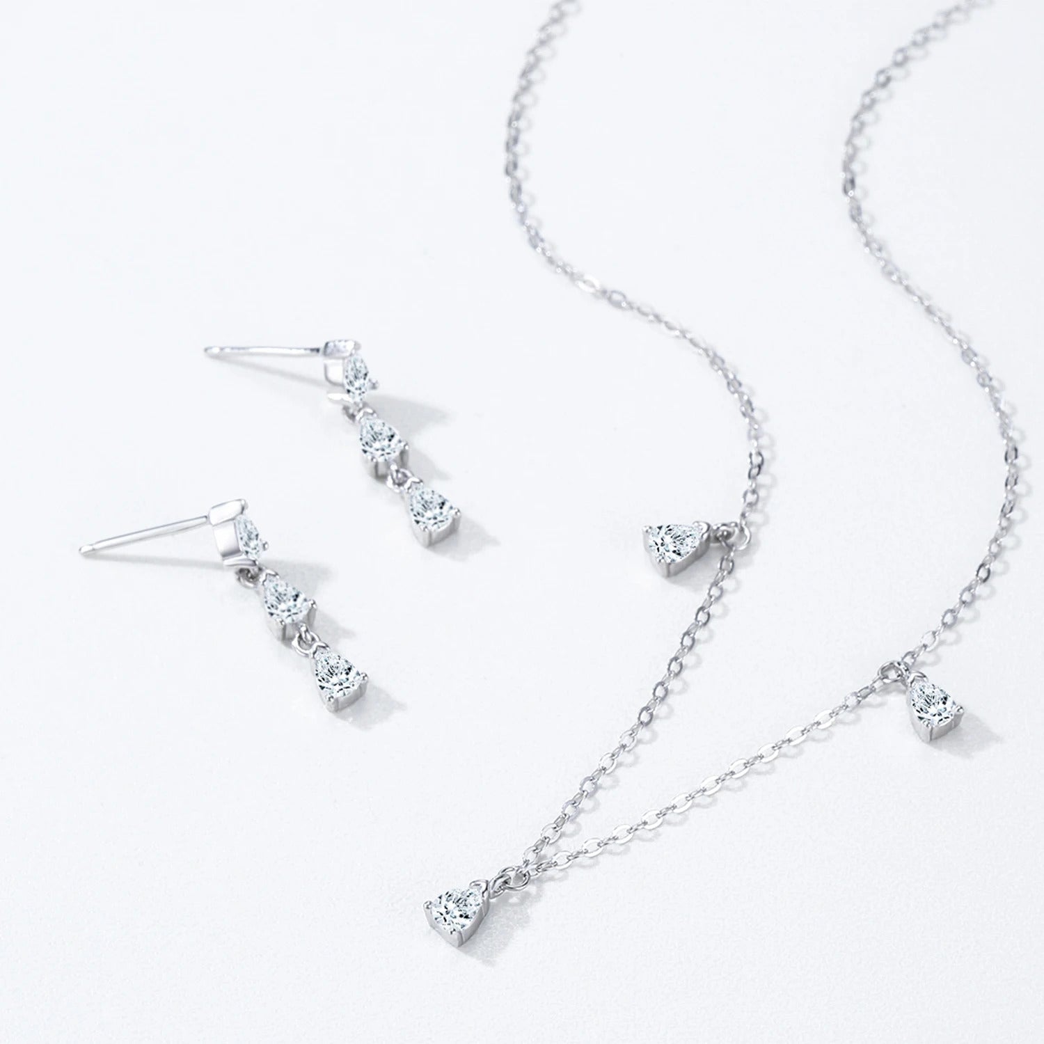 925 Sterling Silver Droplet Shaped Necklace & Earring Set - Wedding & Engagement Jewelry for Women