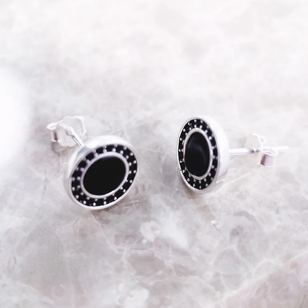 Round Black Small Stud Earrings in 925 Sterling Silver ·European Style Fine Jewelry for Women, Perfect Gift