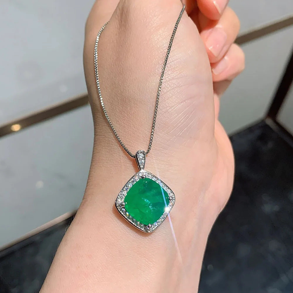 2021 Trend Created Emerald Gemstone Stud Earrings & Pendant Necklace Set ·Lab Diamond Wedding Jewelry for Women