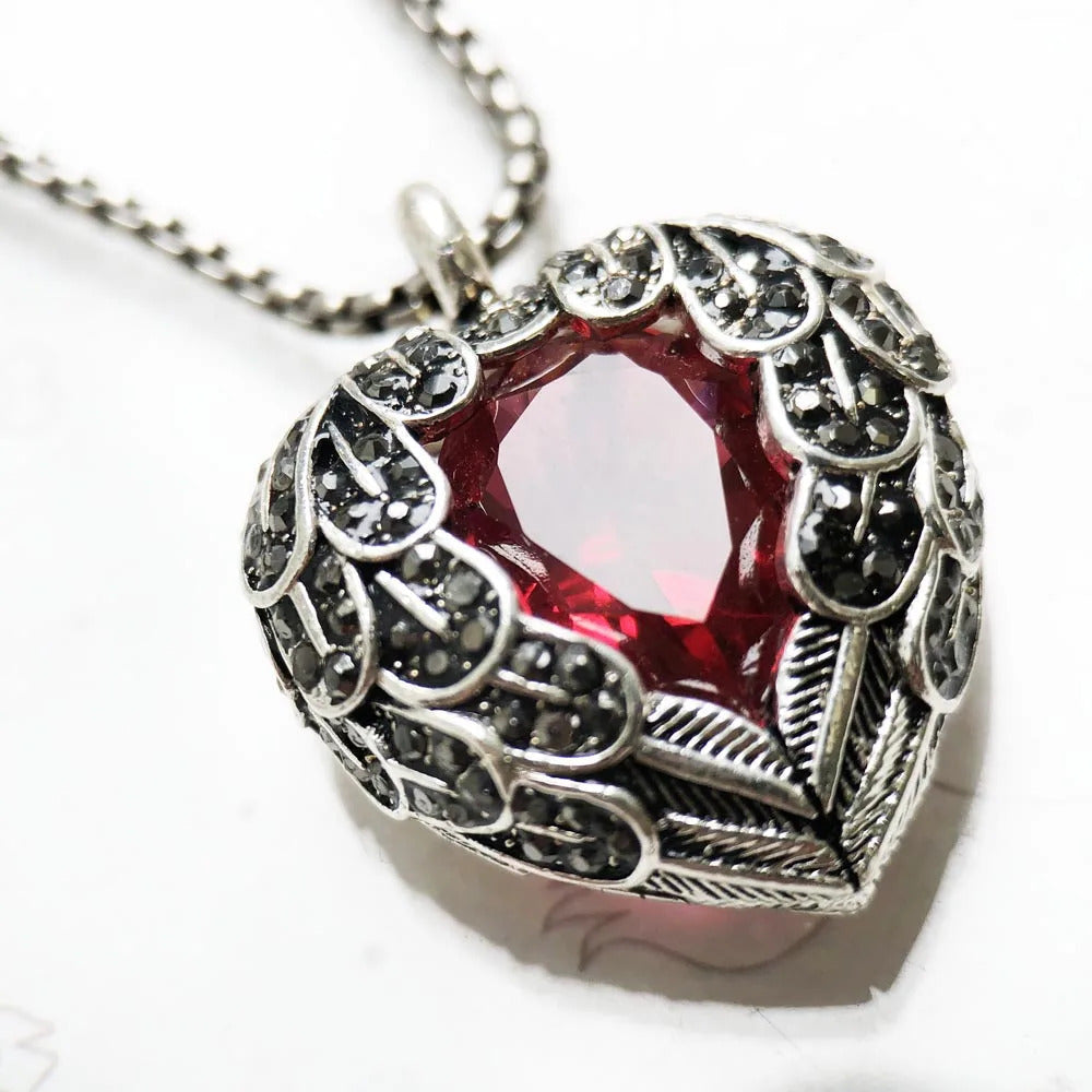 Red Winged Heart Pendant Necklace - 925 Sterling Silver, Link Chain Fashion Jewelry