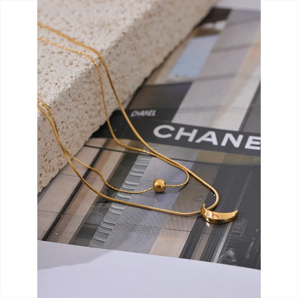 316L Stainless Steel Moon Bead Double Layer Stacking Necklace ·Rust Proof Popular Statement Pendant for 2024