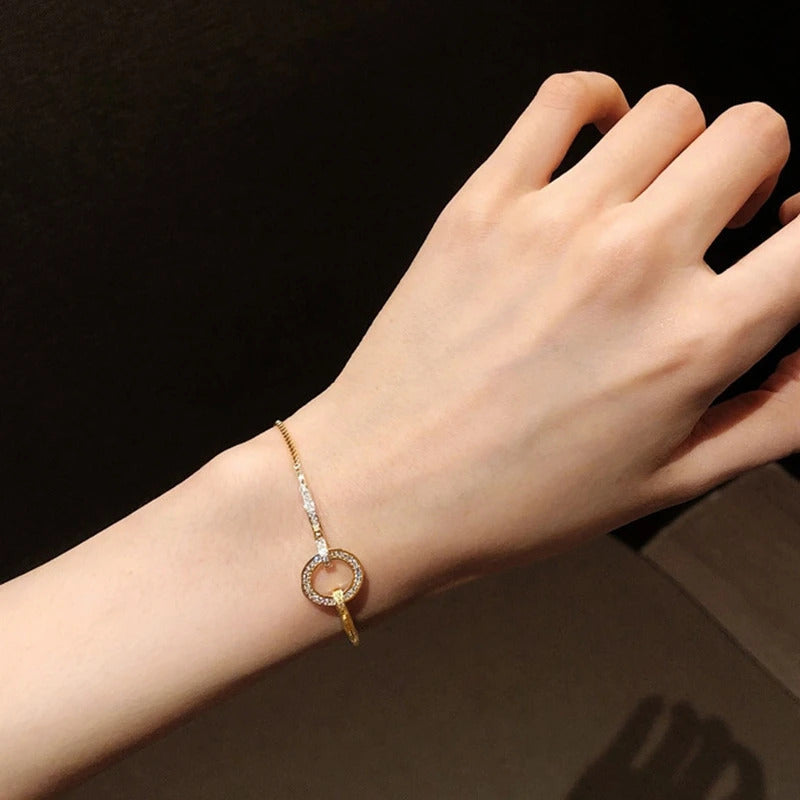 925 Sterling Silver Geometric Snake Chain Circle Bracelet ·Gold Plated with Shiny Zircon, Party Jewelry Gift for Women