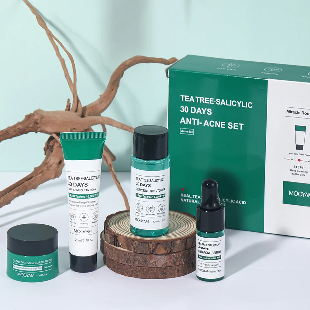 Tea Tree & Salicylic Skincare Kit ·Facial Cleanser, Toner, Serum, Hyaluronic Acid Cream ·Acne Treatment, Pore Control & Hydration ·Face Care Gift Set