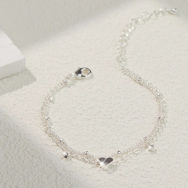 925 Silver Plated CZ Anklet Bracelet Set for Women ·Trendy Heart Charm Layered Chain Anklets