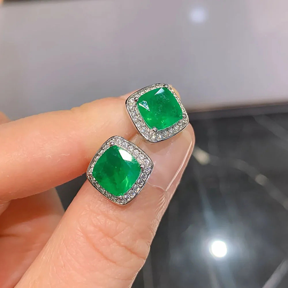 2021 Trend Created Emerald Gemstone Stud Earrings & Pendant Necklace Set ·Lab Diamond Wedding Jewelry for Women