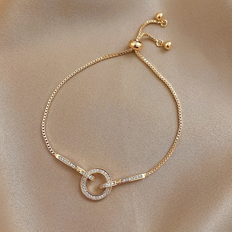 925 Sterling Silver Geometric Snake Chain Circle Bracelet ·Gold Plated with Shiny Zircon, Party Jewelry Gift for Women