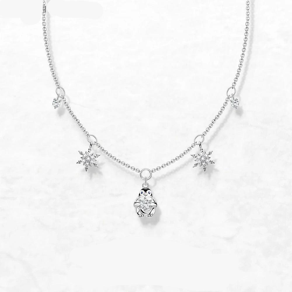 Penguin and Snowflakes Jewelry Set - 925 Sterling Silver Necklace, Ring & Earrings for Women