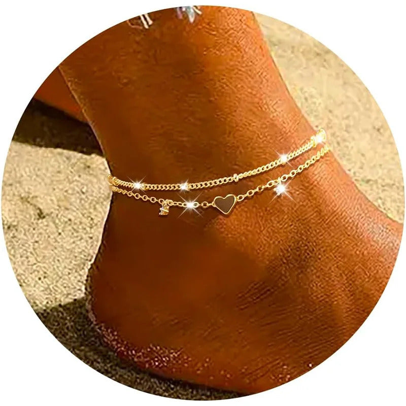 925 Silver Plated CZ Anklet Bracelet Set for Women ·Trendy Heart Charm Layered Chain Anklets