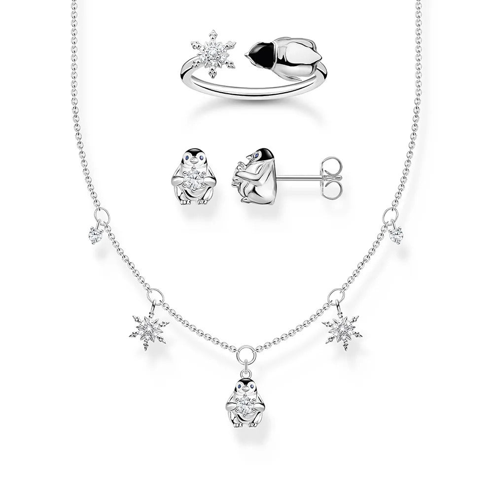 Penguin and Snowflakes Jewelry Set - 925 Sterling Silver Necklace, Ring & Earrings for Women