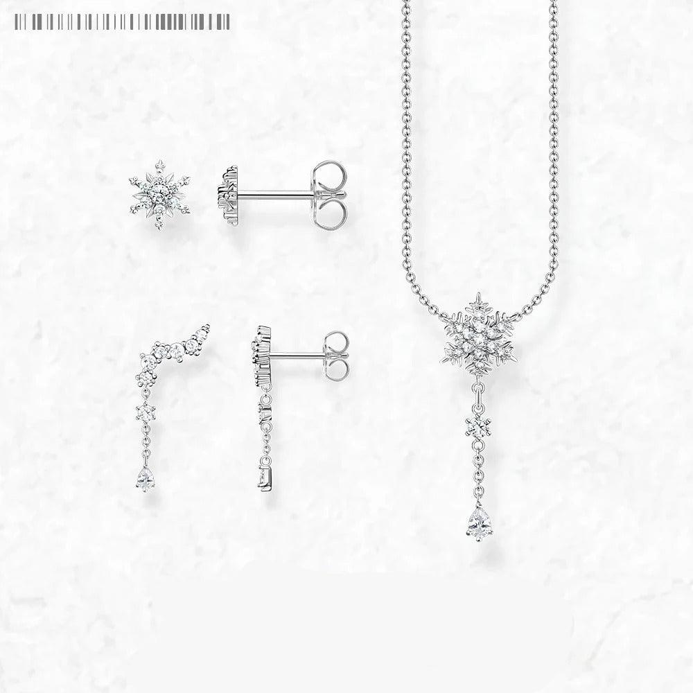 Snowflake Necklace and Earring Jewelry Set - 925 Sterling Silver, Winter Trendy Gift for Women